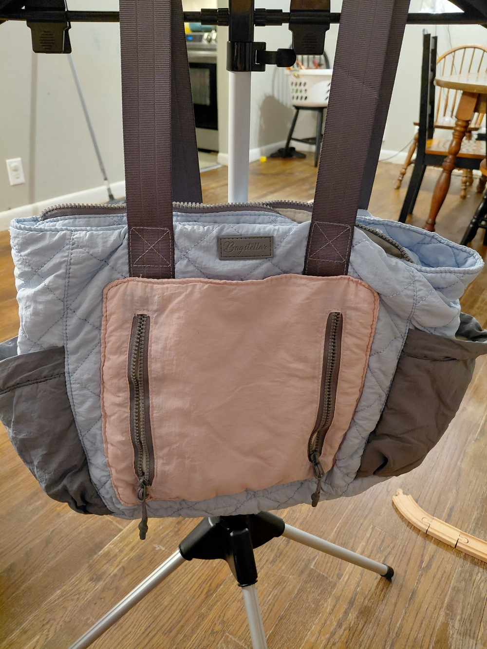 Light Blue and Pink Quilted Tote Bag with Gray Straps